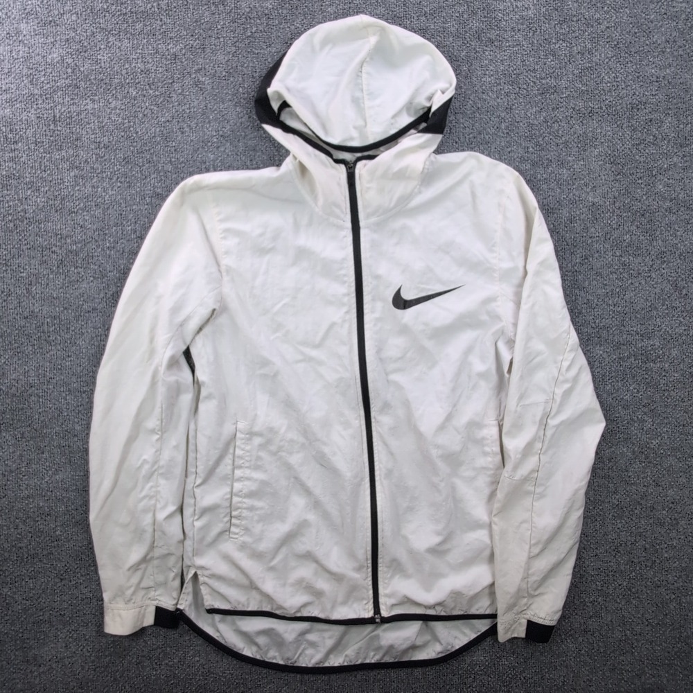 Nike Shield Hooded Running Jacket Mens M White Black Windbreaker 890666-100